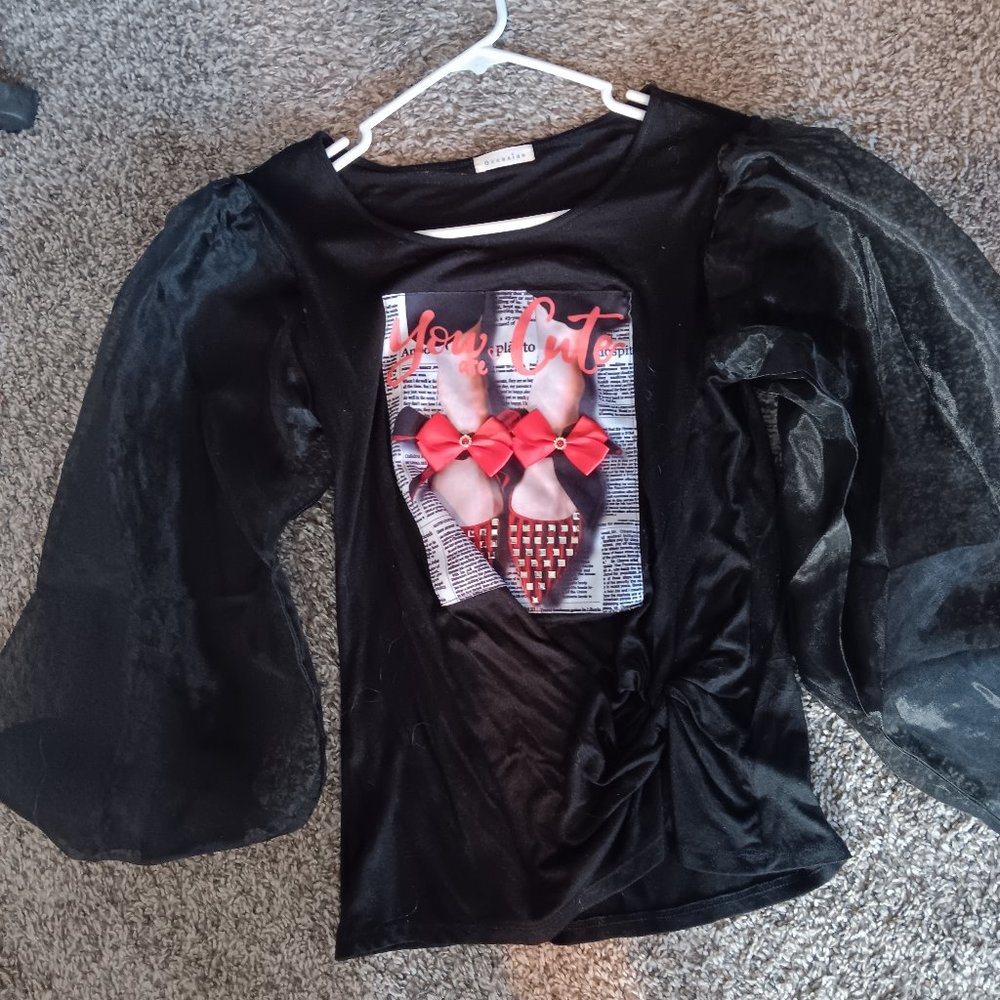 Black "You are Cute" T with see through sleeves
